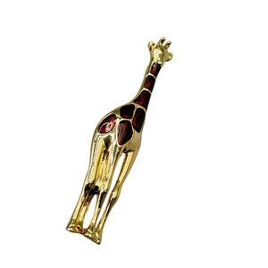 LC Signed Liz Claiborne Giraffe Pin Brooch Gold Tone & Brown Enamel Animal Pin